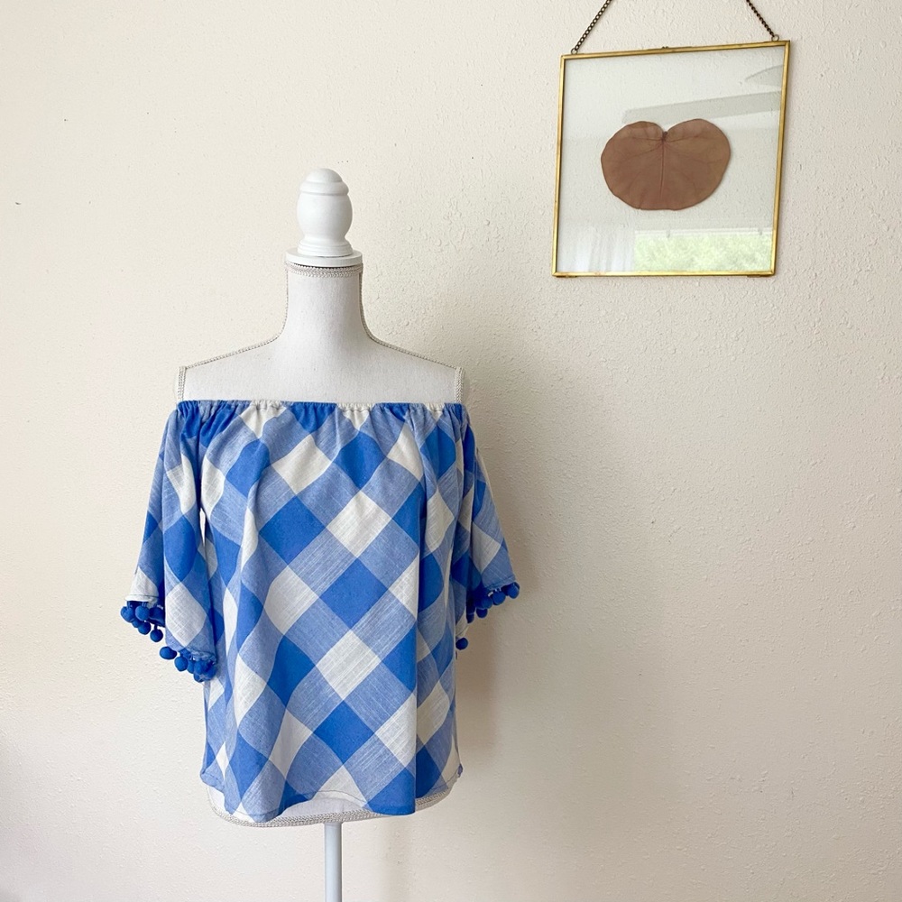 Gingham Off-the-Shoulder Pom Pom Blouse - Picture 3 of 6
